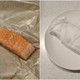 Left: Salmon filet unwrapped; Right: Salmon filet wrapped in paper towels